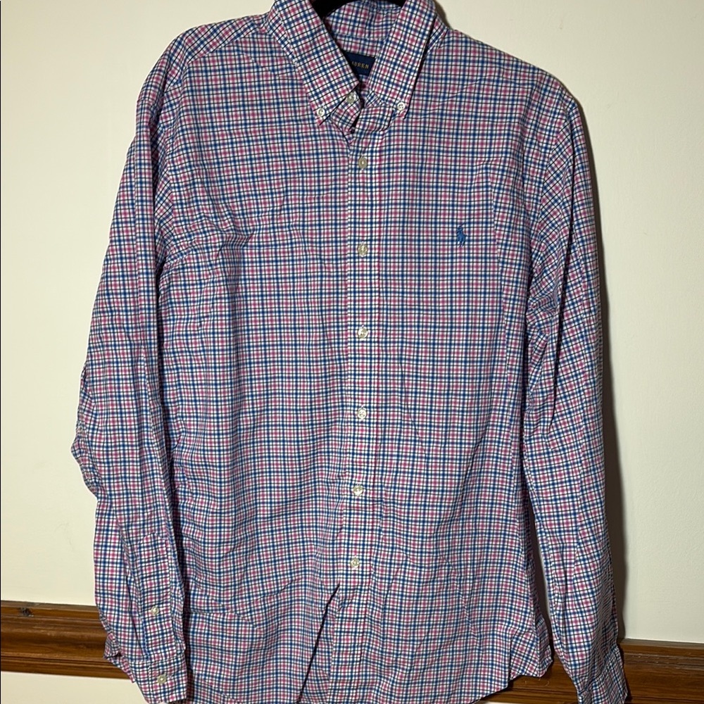 Men's Blue and Pink Checkered Shirt